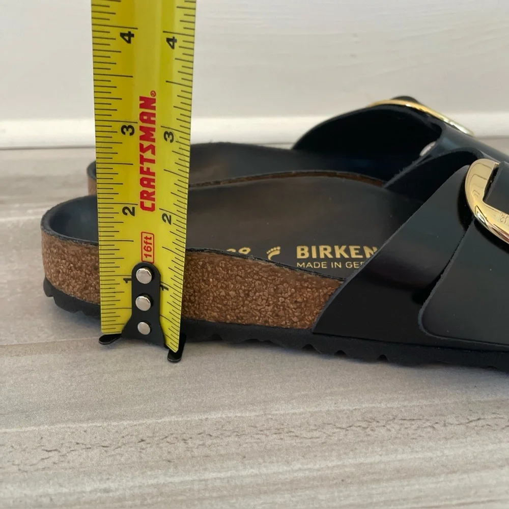 Birkenstock Madrid High Shine Big Buckle Black Slide Sandal Gold Size 39/US 8 - Picture 11 of 12